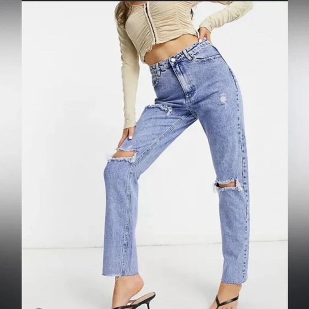 Missguided Women's Wrath Straight Leg Jeans Blue Size 6 High Waisted Distressed